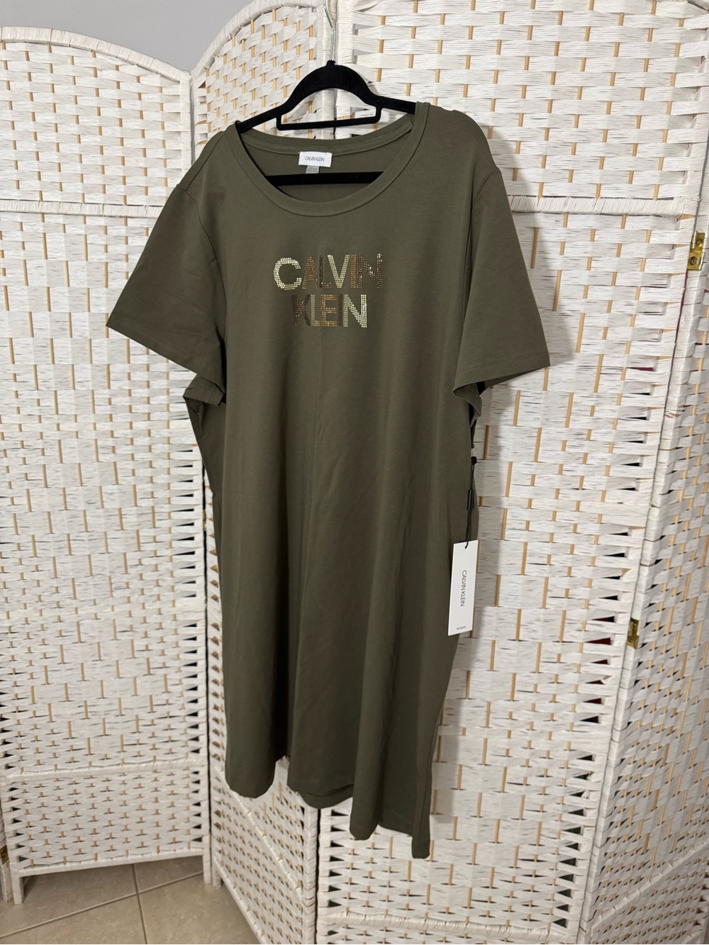 Calvin Klein Olive Green Sequin Logo Midi Dress